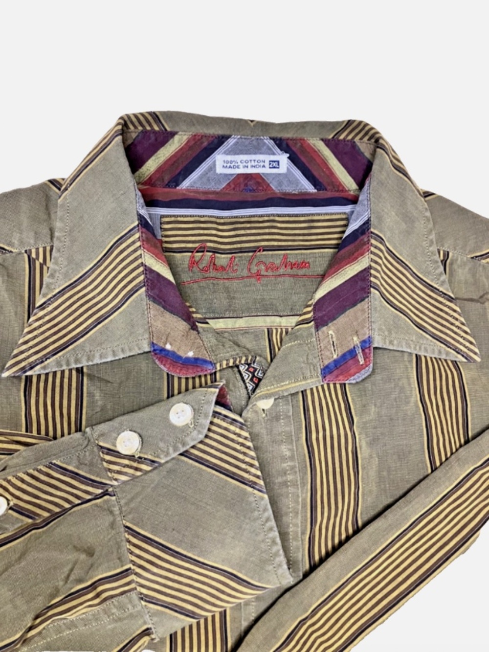 Robert Graham Mens 2XL Olive Brown Striped Cotton Button Up Shirt
